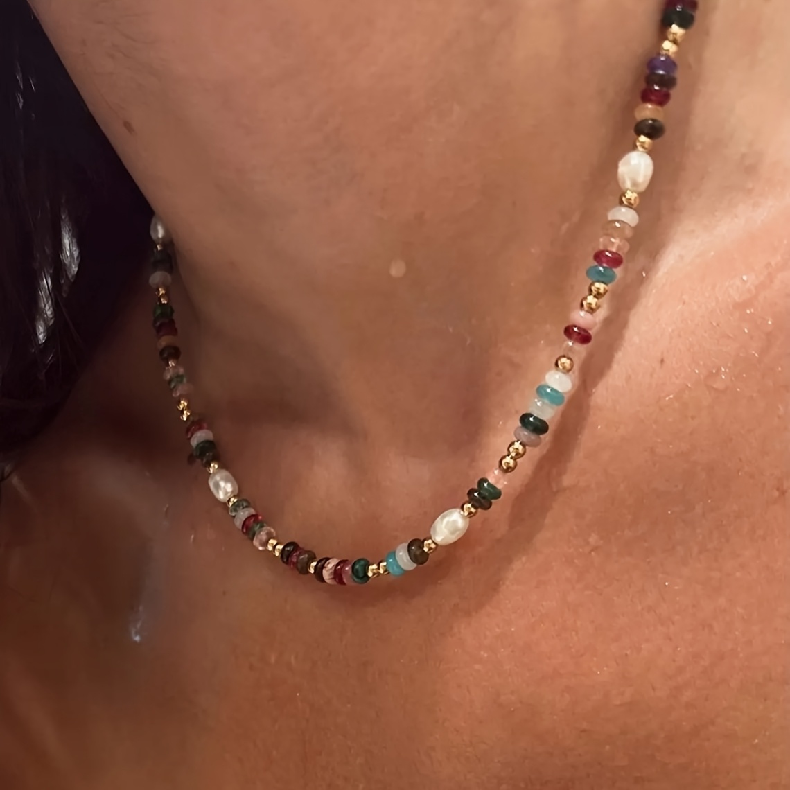 Bohemian Style Stone & Pearl Choker + Bracelet Set